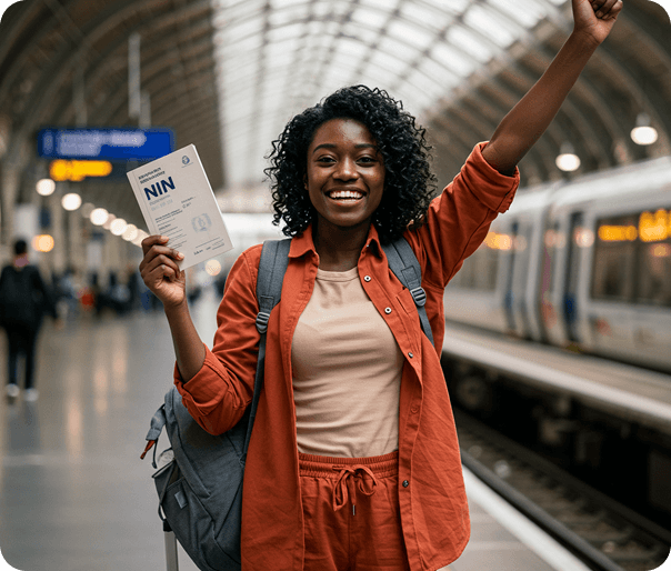 Happy woman holding NIN - Desktop