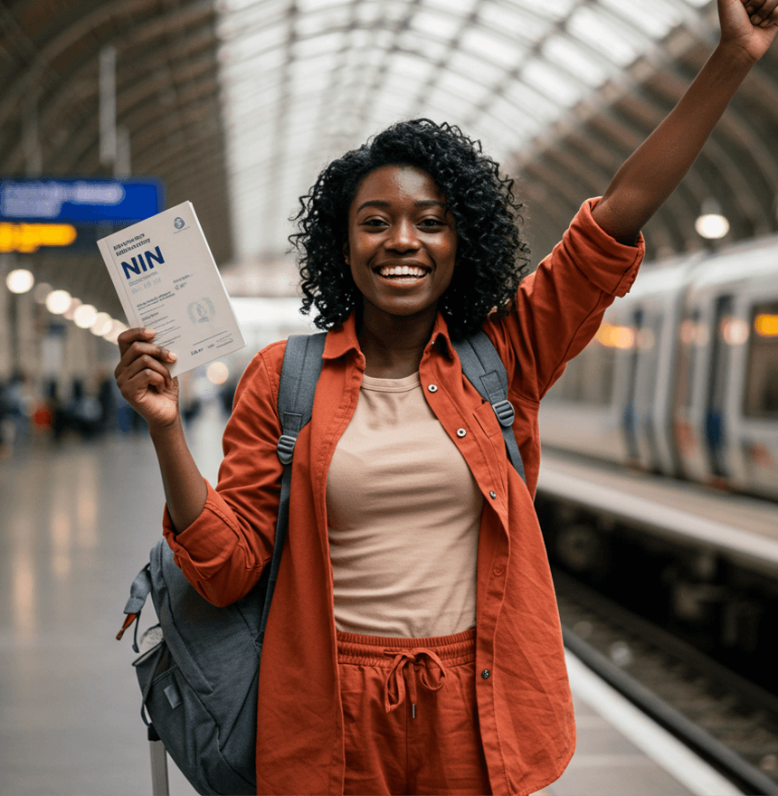 Happy woman holding NIN - Mobile